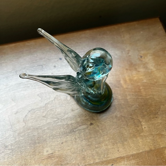 Handblown Glass Angel Praying Figurine Art Glass Blue Yellow Swirls - Picture 2 of 8